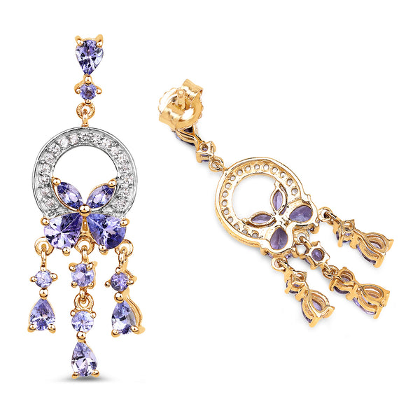 14K Yellow Gold Plated 3.22 Carat Genuine Tanzanite and White Topaz .925 Sterling Silver Earrings