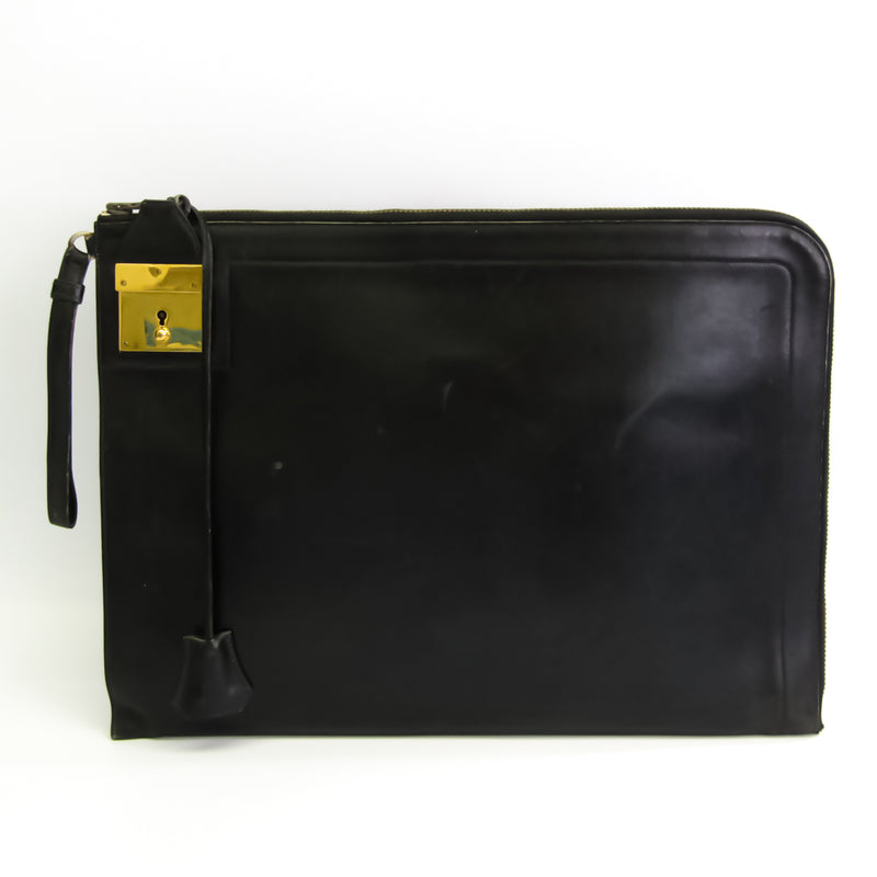 Hermes Unisex Box Calf Leather Clutch Bag Black
