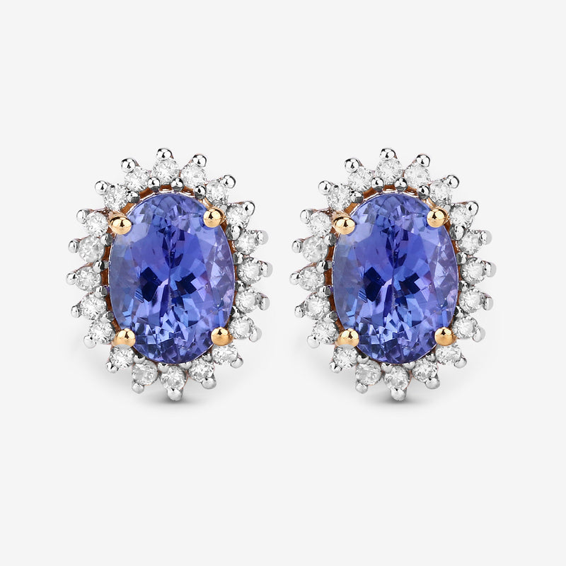 1.71 Carat Genuine Tanzanite and White Diamond 14K Yellow Gold Earrings