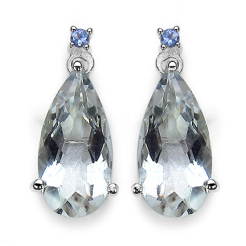 14K White Gold Plated 8.08 Carat Genuine Crystal Quartz, Tanzanite & White Diamond .925 Sterling Silver Earrings