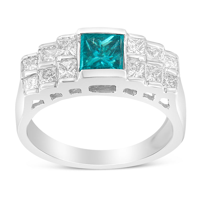14k White Gold 1 1/2ct TDW White and Treated Blue Princess Diamond Modern Band Ring(H-I SI1-SI2)