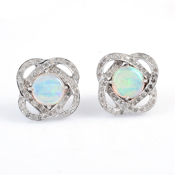 18k Gold Opal Pave Diamond Stud Earrings 925 Sterling Silver