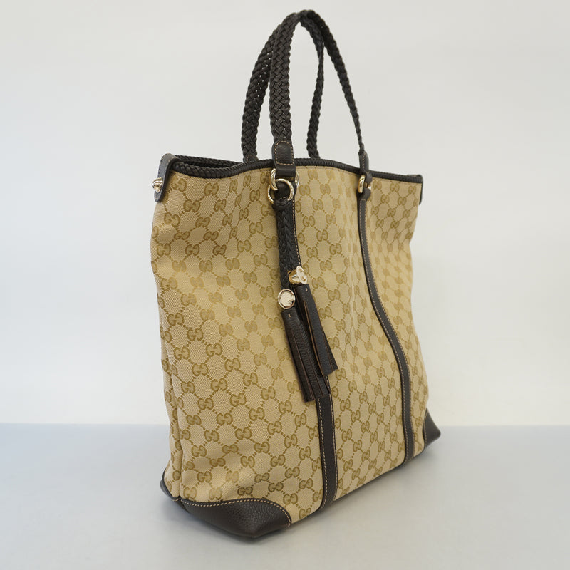 Auth Gucci GG Canvas Fringe Tote 336660 Womens GG CanvasLeather Tote Bag BeigeBrown