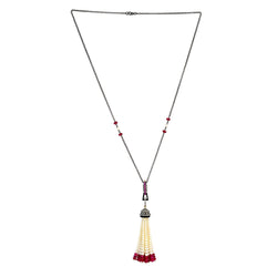 67.05ct Pearl Ruby Onyx Diamond 18kt Gold Silver Tassel Lariat Necklace Jewelry