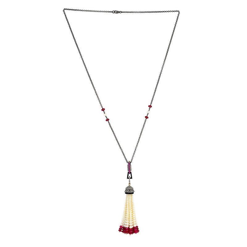 67.05ct Pearl Ruby Onyx Diamond 18kt Gold Silver Tassel Lariat Necklace Jewelry