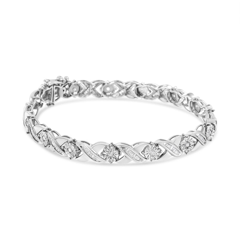 .925 Sterling Silver 1.0 Cttw Round-Brilliant and Baguette Cut Diamond Miracle-Set X-Link 7" Tennis Bracelet (I-J Color, I2-I3 Clarity)