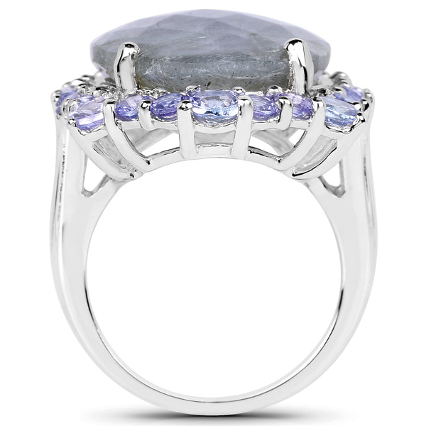 13.99 Carat Genuine Labradorite and Tanzanite .925 Sterling Silver Ring