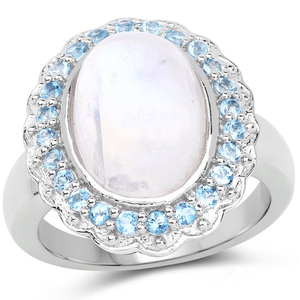 7.21 Carat Genuine White Rainbow Moonstone & Swiss Blue Topaz .925 Sterling Silver Ring