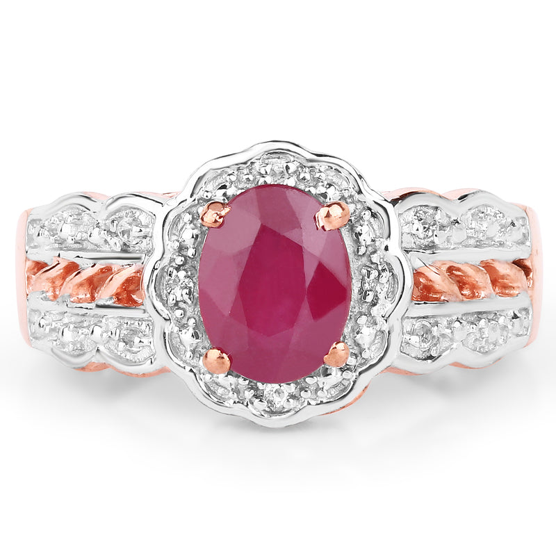 14K Rose Gold Plated 1.67 Carat Glass Filled Ruby and White Topaz .925 Sterling Silver Ring