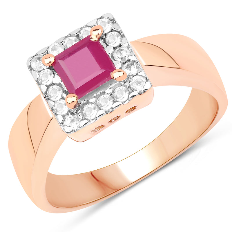 14K Rose Gold Plated 1.26 Carat Genuine Glass Filled Ruby & White Topaz .925 Sterling Silver Ring