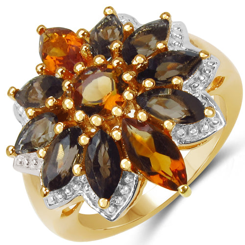 14K Yellow Gold Plated 3.46 Carat Genuine Citrine & Smoky Quartz .925 Sterling Silver Ring
