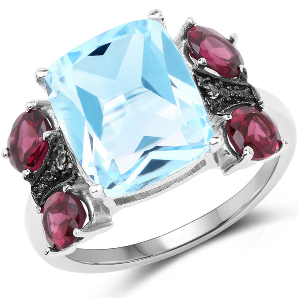 6.39 Carat Genuine Blue Topaz, Rhodolite & White Topaz .925 Sterling Silver Ring
