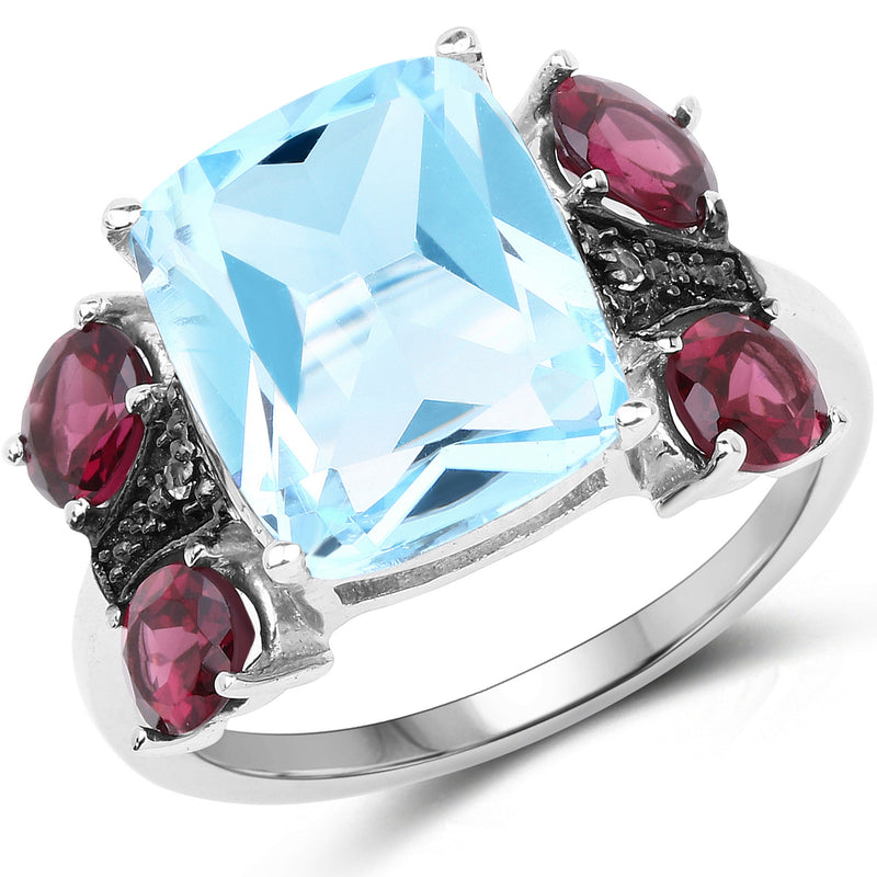6.39 Carat Genuine Blue Topaz, Rhodolite & White Topaz .925 Sterling Silver Ring