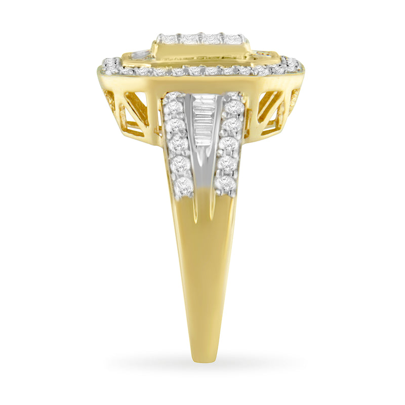 10K Yellow Gold 1.0 Cttw Diamond Vintage Inspired Baguette-Cut Double Halo Emerald-Shaped Frame Cocktail Ring (I-J Color, I1-I2 Clarity) - Size 6-1/2