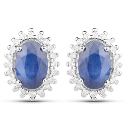 1.22 Carat Genuine Blue Sapphire and White Diamond 14K White Gold Earrings