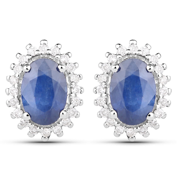 1.22 Carat Genuine Blue Sapphire and White Diamond 14K White Gold Earrings