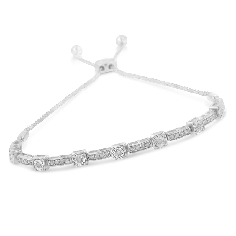 .925 Sterling Silver 1/4 Cttw Diamond 4”-10” Adjustable Bolo Alternating Square and Rectangle Bolo Bracelet (I-J Color, I3 Clarity)