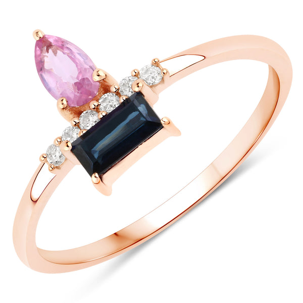 "0.56 Carat Genuine Pink Sapphire, Blue Sapphiree and White Diamond 14K Rose Gold Ring"