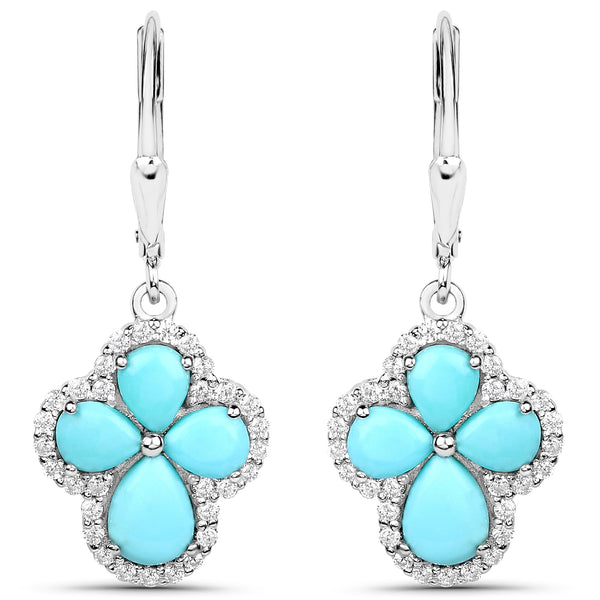 3.93 Carat Genuine Turquoise and White Zircon .925 Sterling Silver Earrings