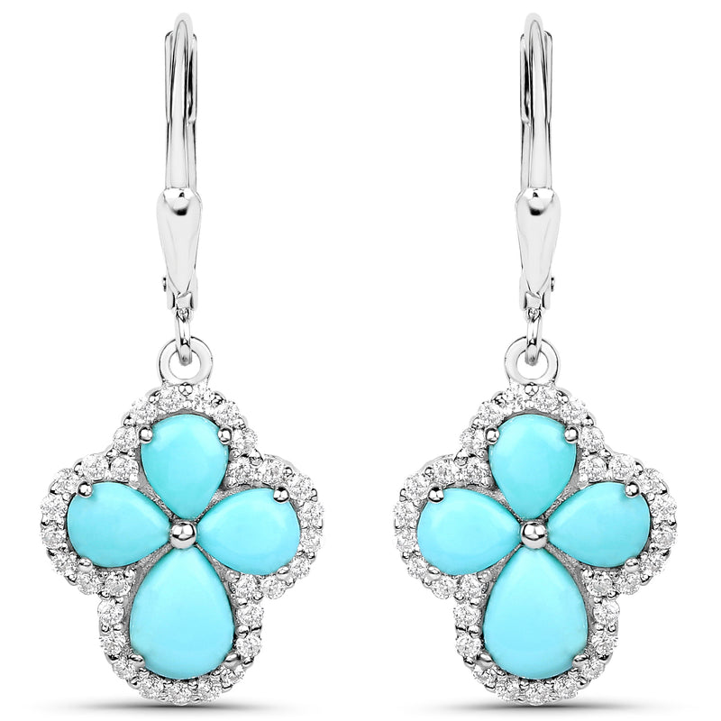 3.93 Carat Genuine Turquoise and White Zircon .925 Sterling Silver Earrings