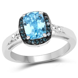 1.97 Carat Genuine Baby Swiss Blue Topaz and Blue Diamond .925 Sterling Silver Ring