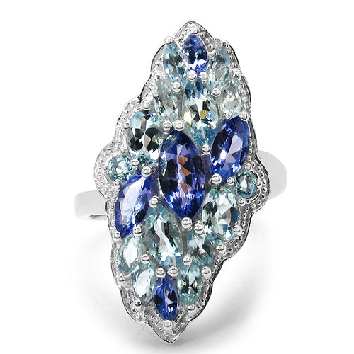 3.20 Carat Genuine Tanzanite & Blue Topaz .925 Sterling Silver Ring