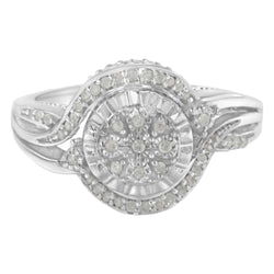 .925 Sterling Silver 1/4 Cttw Diamond Round Cluster Miracle-Plate Halo Split Shank Band Cocktail Engagement Ring (I-J Color, I3 Clarity) - Size 7