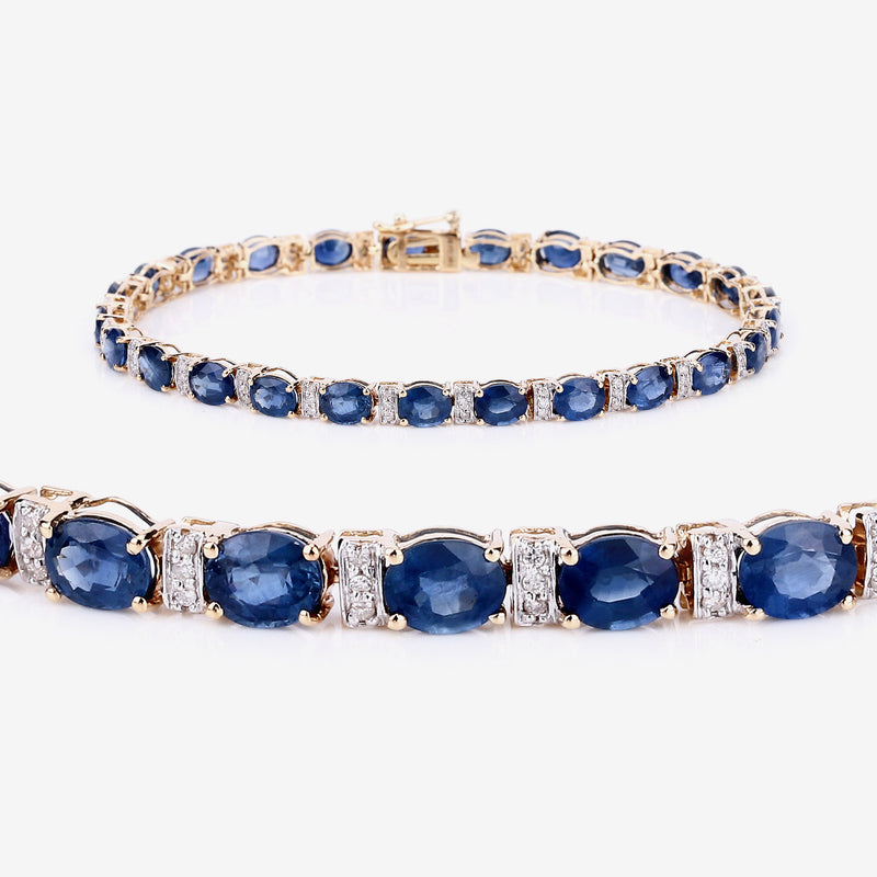 8.76 Carat Genuine Blue Sapphire and White Diamond 14K Yellow Gold Bracelet