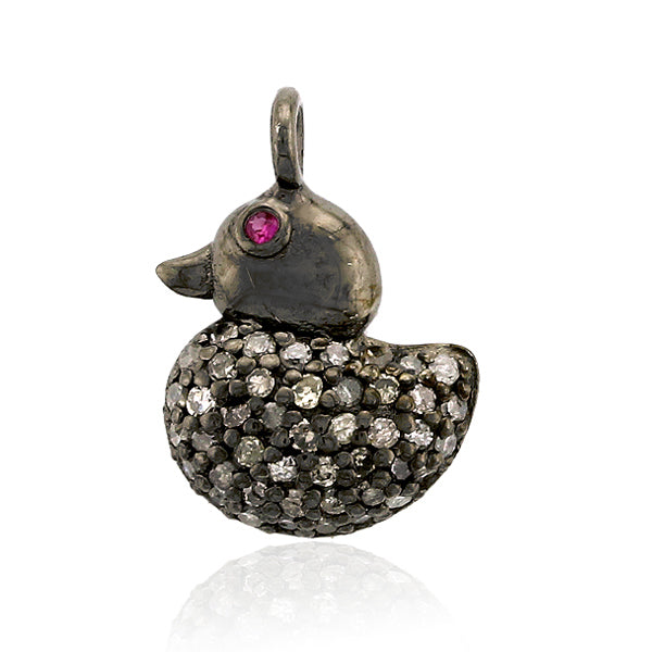 Diamond & Ruby Duck Charm Pendant Sterling Silver Jewelry Gift