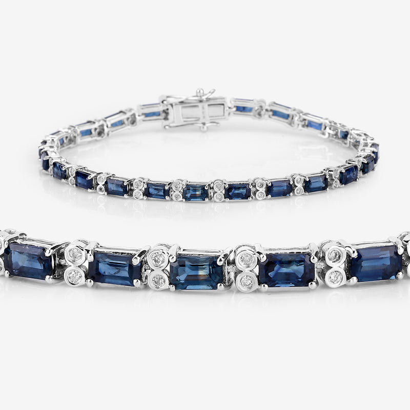 9.57 Carat Genuine Blue Sapphire and White Diamond 14K White Gold Bracelet