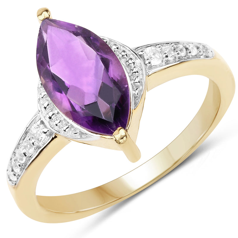 14K Yellow Gold Plated 1.45 Carat Genuine Amethyst & White Topaz .925 Sterling Silver Ring