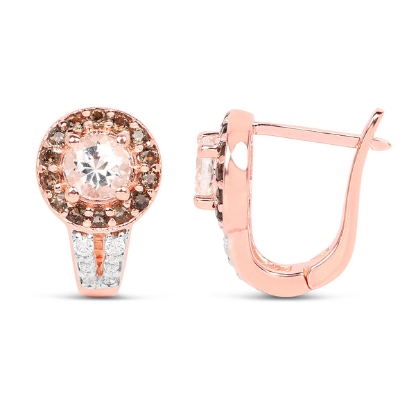 18K Rose Gold Plated 1.42 Carat Genuine Morganite, Smoky Quartz and White Zircon .925 Sterling Silver Earrings