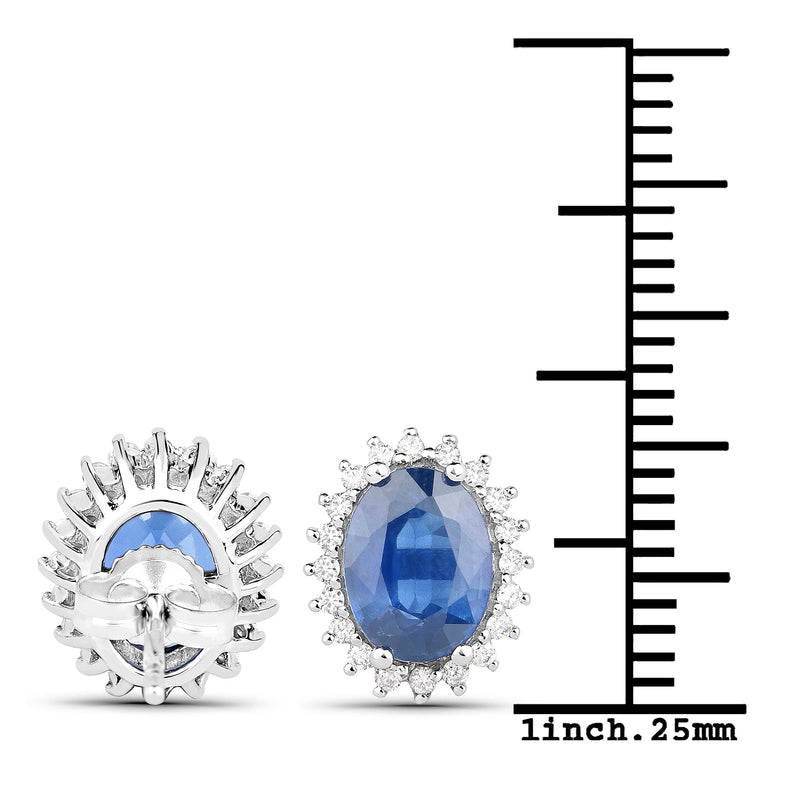 3.25 Carat Genuine Blue Sapphire and White Diamond 14K White Gold Earrings