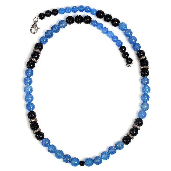 370.25ct Agate Onyx Diamond .925 Sterling Silver Carved Beaded Necklace Jewelry