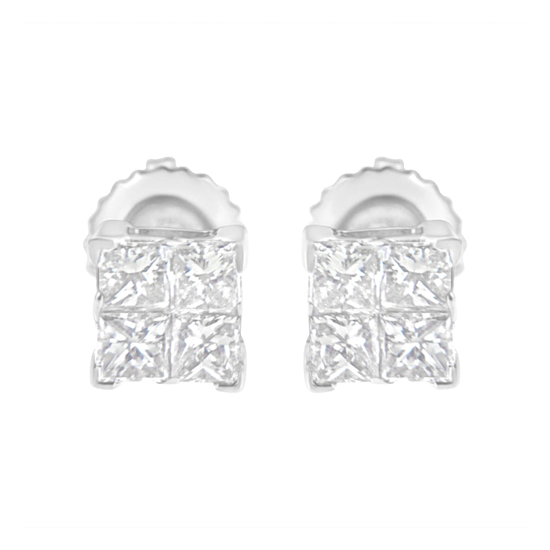 .925 Sterling Silver 5/8 Cttw Princess Cut Diamond Invisible Set Quad Composite Stud Earrings (I-J Color, I2-I3 Clarity)