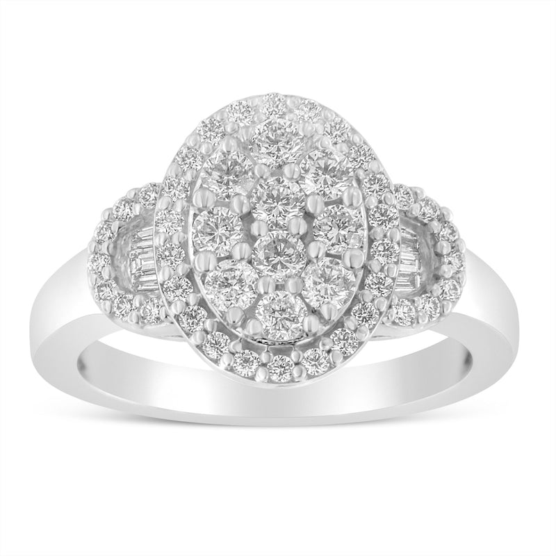 10K White Gold 1.0 Cttw Diamond Oval Cluster with Halo Vintage-Inspired Art Deco Buckle Style Statement Ring (G-H Color, SI1-SI2 Clarity) - Size 7