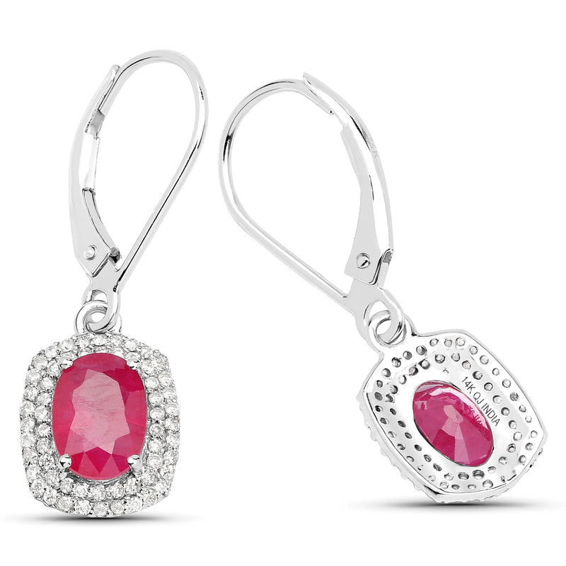 2.26 Carat Genuine Ruby and White Diamond 14K White Gold Earrings