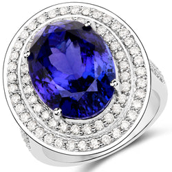 13.78 Carat Genuine Tanzanite and White Diamond 18K White Gold Ring