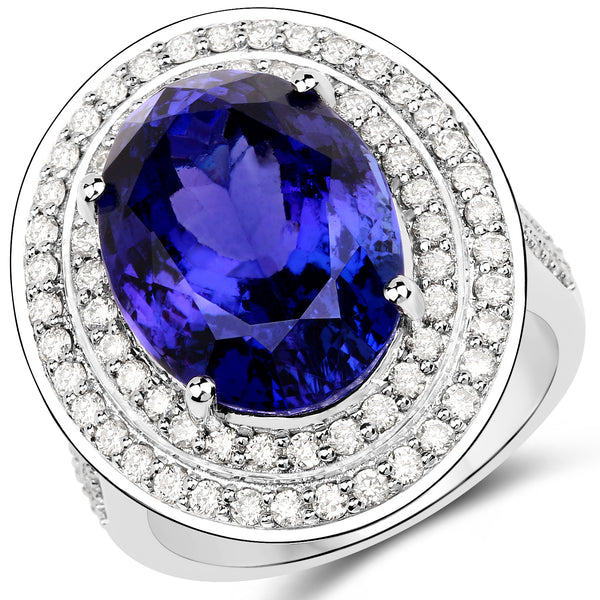 13.78 Carat Genuine Tanzanite and White Diamond 18K White Gold Ring