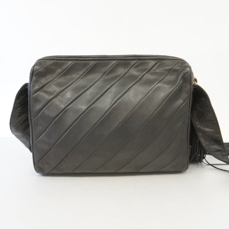 Auth Chanel Shoulder Bag Fringe Shoulder Lambskin Black Gold Metal