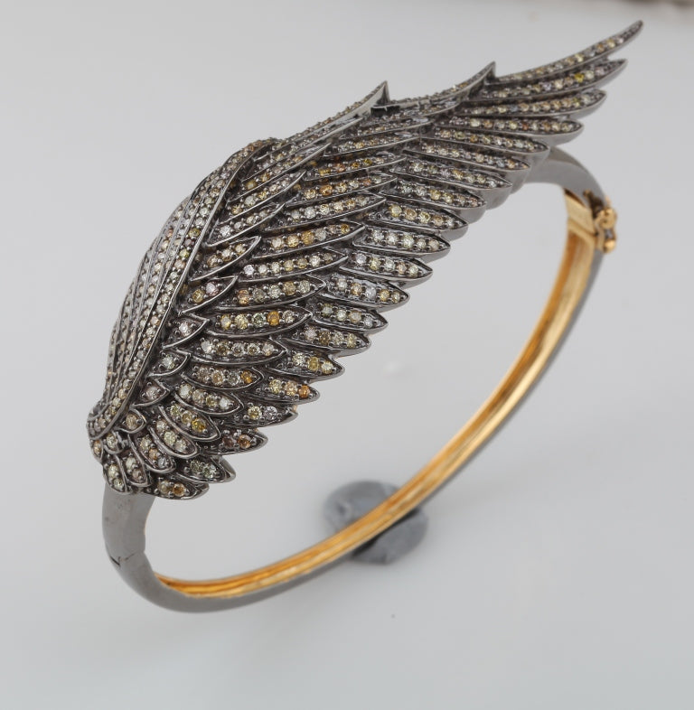 Pave Diamond Feather Bracelet 18k Gold 925 Silver Bangle Women Handmade Jewelry