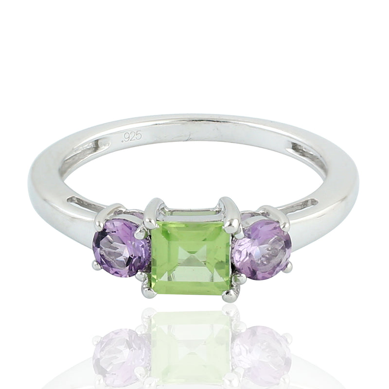 Prong Set Amethyst Gemstone Three-Stone Ring Size 925 Sterling Silver Jewelry