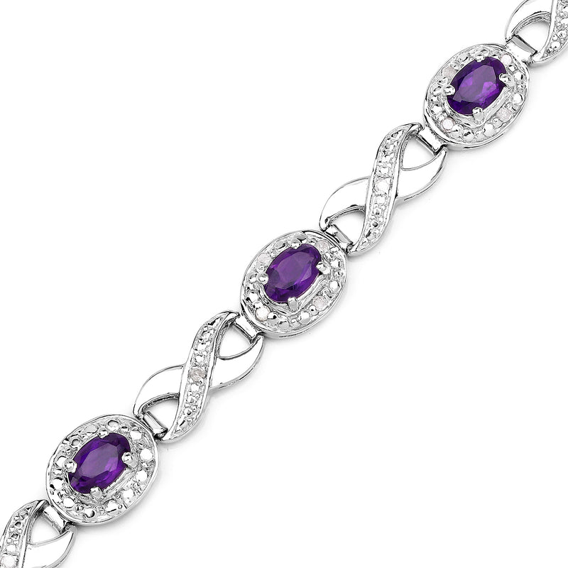 3.58 Carat Genuine Amethyst and White Diamond .925 Sterling Silver Bracelet