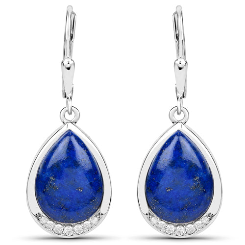 12.16 Carat Genuine Lapis and White Diamond .925 Sterling Silver Earrings