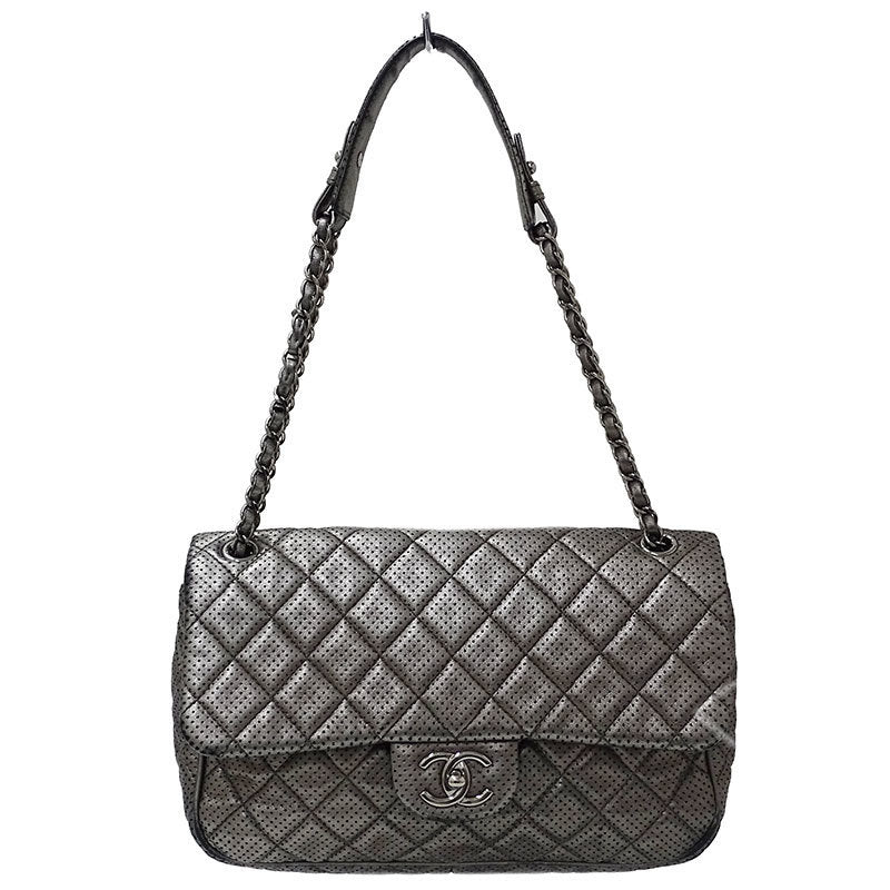 Chanel Matelasse Womens Leather Shoulder Bag Metallic Gray