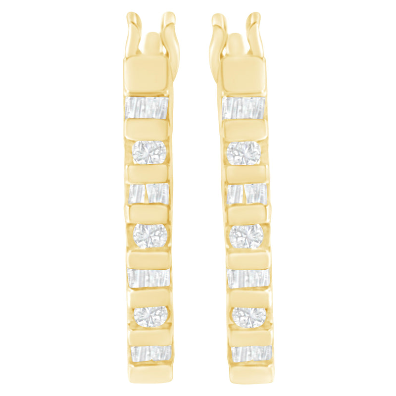 10K Yellow Gold Round and Baguette Cut Diamond Oblong Hinged Leverback Hoop Earrings (¼ Cttw, I-J Color, I2-I3 Clarity)