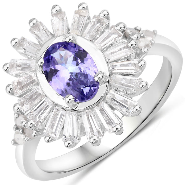 2.01 Carat Genuine Tanzanite and White Topaz .925 Sterling Silver Ring
