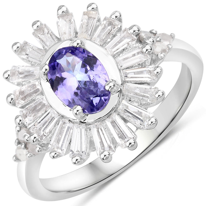 2.01 Carat Genuine Tanzanite and White Topaz .925 Sterling Silver Ring