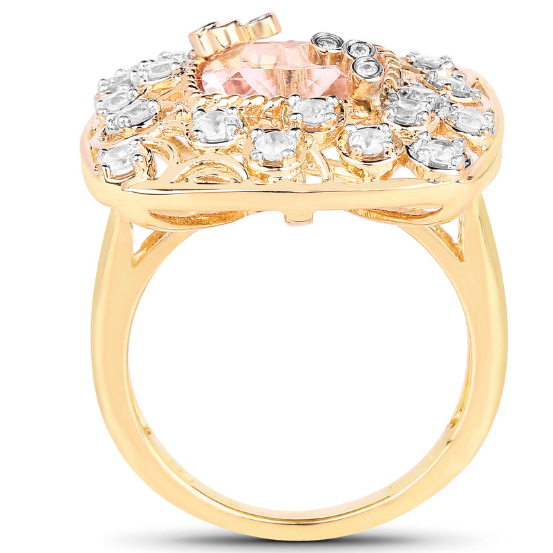 14K Yellow Gold Plated 3.33 Carat Synthartic Morganite and White Topaz .925 Sterling Silver Ring