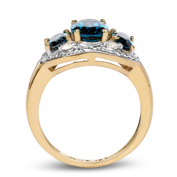 14K Yellow Gold Plated 2.77 Carat Genuine London Blue Topaz and White Topaz .925 Sterling Silver Ring